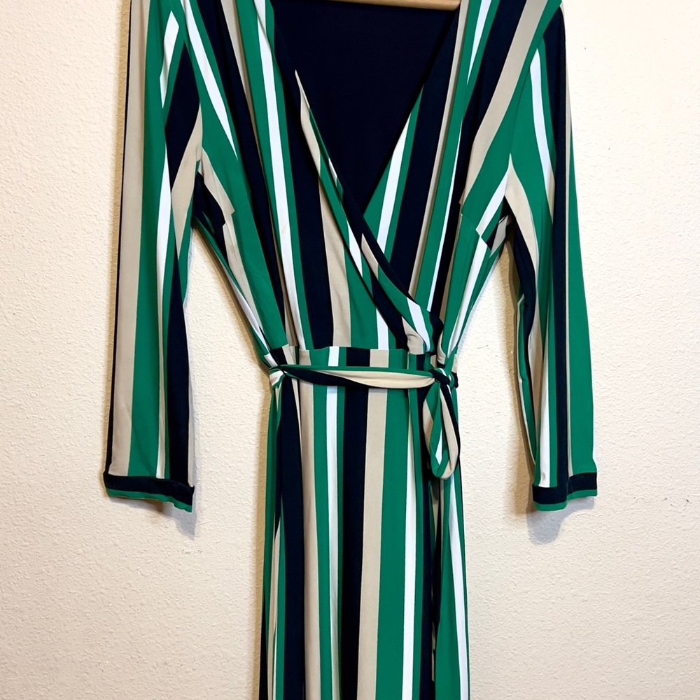 INC International Concepts Elegant Striped Black, Green, Taupe, White Wrap Dress - Picture 2 of 6